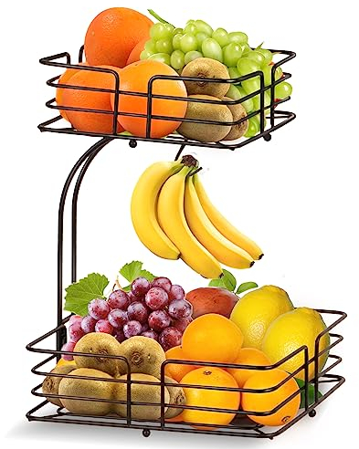 Bomclap 2 Stöckiger Obstkorb mit Bananenhalter Obst Etagere für die Küchentheke Abnehmbar Obstschale aus Metall Küche Obst Gemüse Brot Snacks Aufbewahrungskorb Schwarz