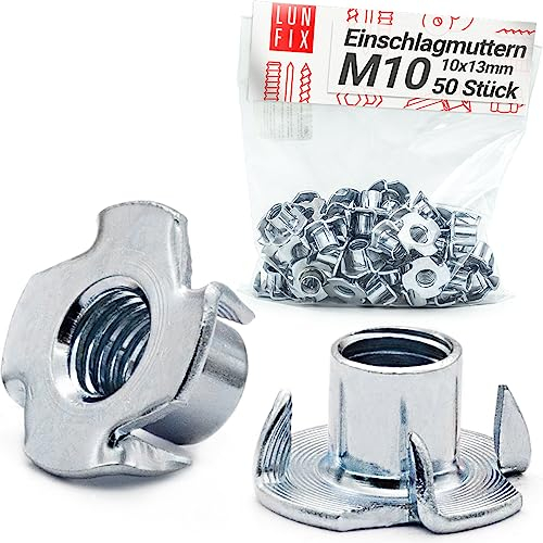 Einschlagmuttern M10 x 13 mm DIN 6930 50 Stück Verzinkter Stahl, Metrisches Innengewinde, Klauen Mutter mit 4 Einschlagkrallen, Krallen Muttern mit Einschlagspitzen für Möbelbau