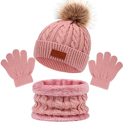 Enwokran 3 Piezas Conjunto Bufanda y Gorro y Guantes de Punto para Niña Niños, Invierno Lindo Guantes Cálido Bufanda Punto Beanie Gorros con Pompon para Niña-Niño 2-6 (Rosa)