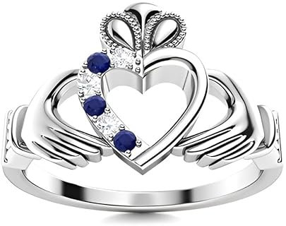 Blue Sapphire Round 2.00mm Claddagh Ring | Sterling Silver 925 With Rhodium Plated | Beautiful Design Claddagh Promise Ring (White, 52)