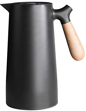 34oz/1L Thermal Coffee Carafe, Double Walled Vacuum Coffee Tea Pot with Glass Liner Insulated Coffee Thermos with Wood Handle, Keeping Hot Cold(Black)