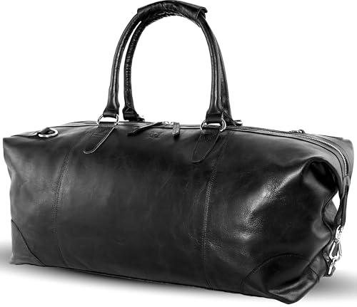 MONTANO Elegante handgefertigte Premium Herren und Damen Ledertasche - schwarz, als Weekender Reisetasche für Freizeit und Business Trips, Ideal für den täglichen Gebrauch und Wochenendausflüge