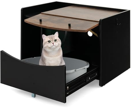 GYMAX Katzenschrank mit ausziehbarer Schublade & Eingang, Katzenhaus mit Klapptür & Haken, multifunktionaler Katzenklo Schrank für Katzen, Katzenmöbel für Katzentoilette, Vintagebraun