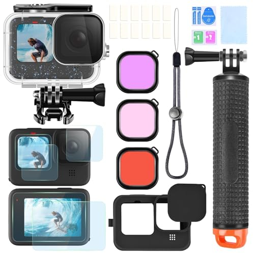 ShipeeKin Kit de Accesorios para Gopro Hero 12 11 10 9 Negro, Carcasa de Buceo a Prueba de Agua Flotante Mango de Cristal de película de Filtro Rojo de Silicona Cubierta Protectora con la Cubierta de