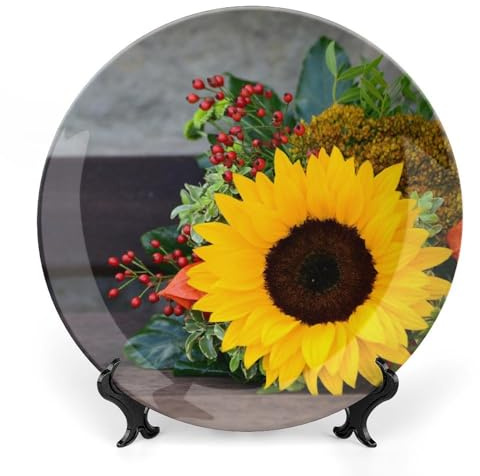 Generic 7 Ceramic Decorative Plates Sunflower Bunch of Flowers Home Wobble-Plate with Display Stand Wall Hanging Plate Kitchen Office Decor Wall Art Ornament