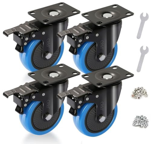 .PRO Heavy Duty 600kg 100mm Swivel Trolley Caster Wheels (Blue) - Industrial Strength Furniture Moving Casters with Screws, Bolts, Locking, Non-Marking (All 4 wheels with brakes)