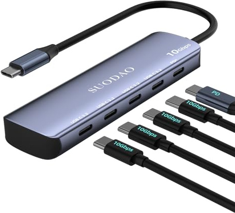 SUODAO - Concentrador USB de 10 Gbps, concentrador USB C 3.2 de 5 puertos con 4 puertos de datos USB-C y 1 puerto PD, concentrador USB 3.2 Gen 2 de aluminio ultra delgado para MacBook Pro/Air