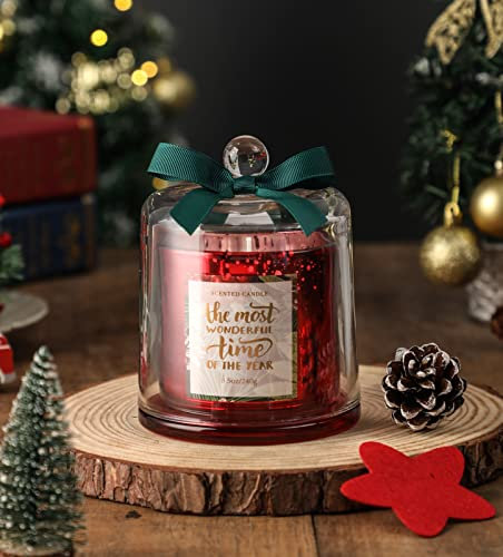 FUND AMLIGHT Rot Duftkerze für Weihnachten, Pine & Cedar Duft kerze, Duftkerze Geschenk für Frauen, 240g, 50 Stunden, Sojawachskerze mit Schleife, Deckel(Rot)