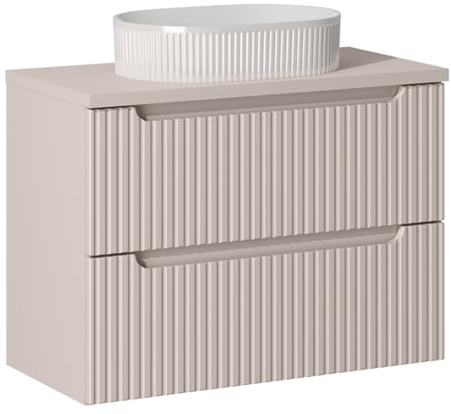 Lomadox Badezimmer Waschtisch 80cm mit Aufsatz-Waschbecken, Kaschmir, gerillte Front