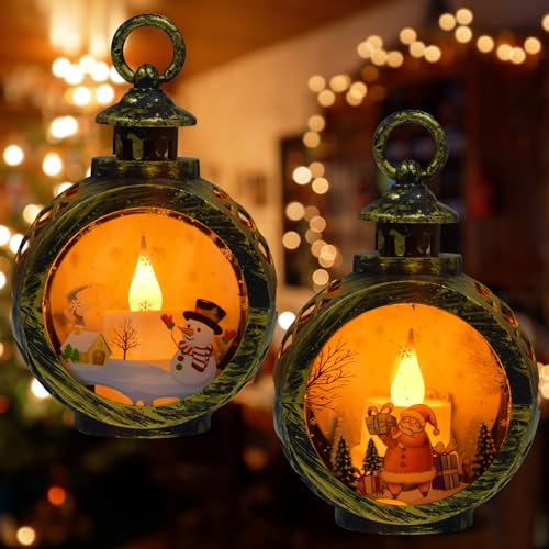 Forhome 2 Stück Weihnachtsdeko Laterne, Laterne Weihnachten, Weihnachten Deko Beleuchtete Windlicht Weihnachten, Batteriebetrieben Weihnachtsdekoration innen, für Halloween,Garten (schwarz)
