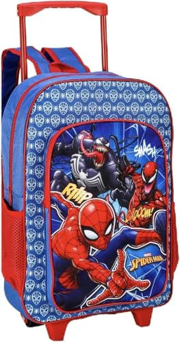 NMB Fashion Foldable Kids Travel Trolley Backpack - Wheeled Carry-On Suitcase Rucksack with Favorite Character Design for Children (Deluxe Spiderman Badoom Trolley)