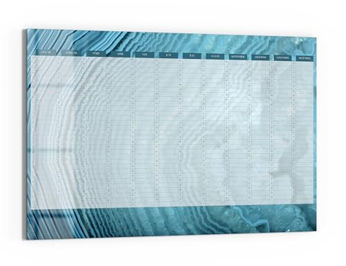 DEQORI Glas-Magnettafel | 90x60 cm cm groß | Motiv Jahresplaner Blau (DE) | Memo-Board aus Glas | Magnetboard inkl. Magnete, Stift & Tuch für Küche & Büro | Tafel magnetisch & beschreibbar