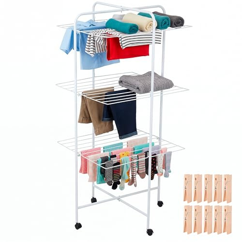 HERSIG - Tendedero Vertical - Tendedero Vertical Plegable - Tendedero de 3 Alturas con Ruedas Resistente - Tendederos para Interior y Exterior de Gran Capacidad para Ropa - Hierro