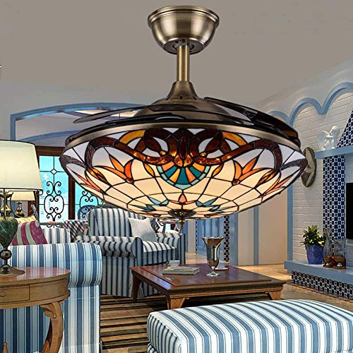 Vintage Tiffany Style Ceiling Fan Light with Retractable Blades Retro Bronze Chandelier for Living Room Dining Room and Bedroom 36inch/91cm Mediterranean Design
