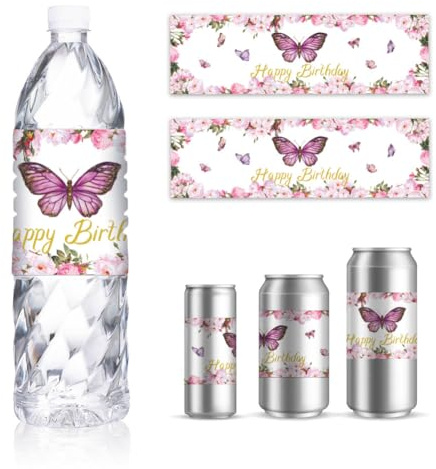GOMAKERER 30 hojas de etiquetas de mariposa rosa para botellas de agua, calcomanías de flores de feliz cumpleaños para botella de agua, etiquetas personalizadas para botella de agua potable para