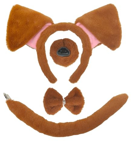 TUONYIS 4 st set med hundvalpöron, pannband, fluga, falsk nässvans, tax hundset, floppy lurvig djurkostym tillbehör för barn vuxna, halloween, temafest (brun)