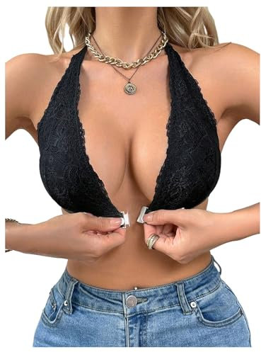 GORGLITTER Women's Wireless Front Fastening Halter Bras Plunge V Neck Lace Lingerie Bralettes Body and Bra Black Large