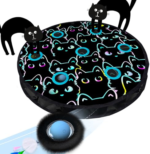 Juguetes para Gatos ORSDA, Bola Automática con Sonido de Pájaro por Movimiento, Juego de Cazar el Ratón en Alfombrilla Azul con 7 Agujeros, Juguete Interactivo para Interior para Gatos, Color Negro