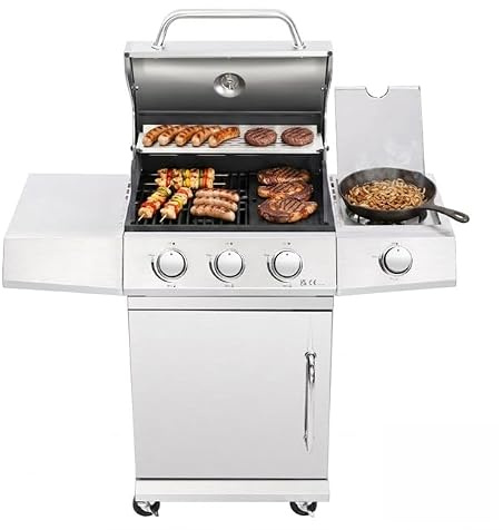 BBQ Kingdom 3+1 Burner Gas BBQ Grill with Side Burner, Stainless Steel Garden Barbecue, Cast Iron Grill and Cooking Plate, Wheeled Base, Cover, Cabinet, Side Shelves, Removable Grease Tray