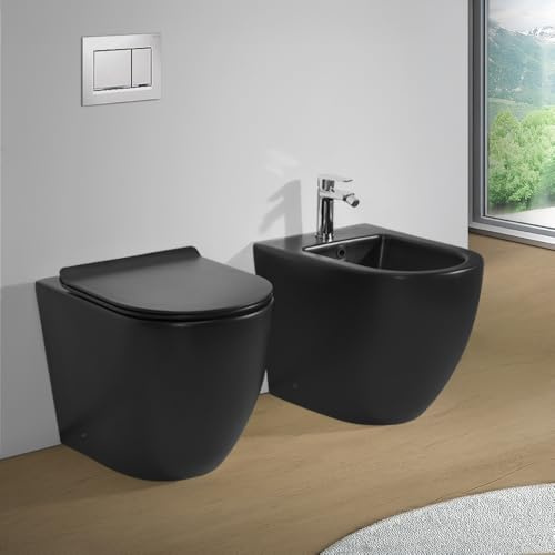 Sanitari Filomuro in Ceramica Nero Opaco con Copriwc Soft Close e Scarico a Tornado – Set WC e Bidet Linea Tokyo Design Moderno