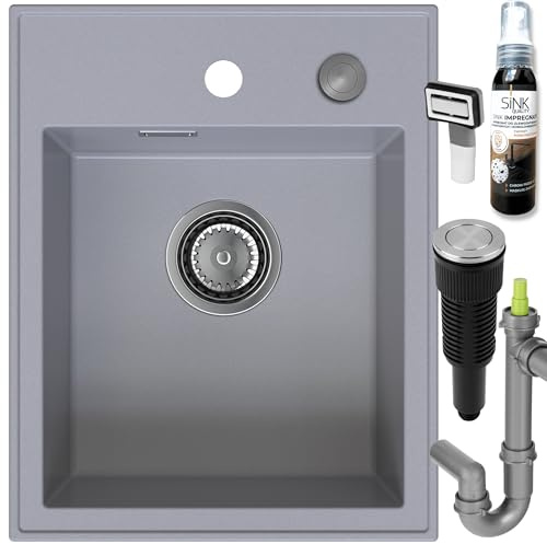 SINK QUALITY Spülbecken Grau 40x50 cm - Granitspüle Grau mit Siphon PUSH und Imprägnierung - Spüle ohne Abtropffläche - Kleines Spülbecken für Küche für Unterschränke ab 40 cm Breite