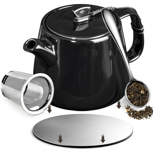 Brew To A Tea Stump Teapot with Strainer, 600ml/20.29oz Heat-Resistant Ceramic Tea Pot with Infuser, CIHUI2 Stainless Steel Coaster, Removable Infuser Tea Pot Handmade, Black
