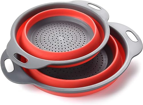 Colander Set | Kitchen Foldable Silicone Filter | Fruits and Vegetable Cleaner | Non-Toxic Easy to Clean | 2 Sizes in 1 | 8-inch and 9.5-inch | Kitchen Strainer | Set of 2 (Red)