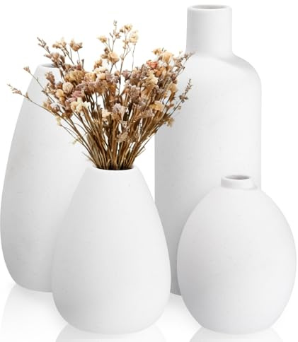 Keramik Vasen 4er-Set Kleine Blumenvasen, Nordische Moderne und Minimalistische vasen deko, Vase für Pampas Grass & getrocknete Blumen, Strauß Boho Deko, Weiß vasen klein tischdeko