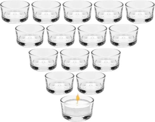 Set med 24 värmeljusglas, ljusglas 4,5 cm Dm, klar värmeljushållare glas, ljushållare dekorationer, mini ljushållare glas för hem bordsdekoration, för bröllop, dekorativt ljusglas
