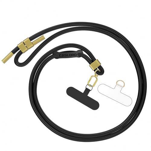 caslord Cordón Universal para teléfono con 2 Parches universales | Compatible con Fundas | Ajustable y Desmontable | Ganchos de Silicona para Gafas | Negro+Dorado