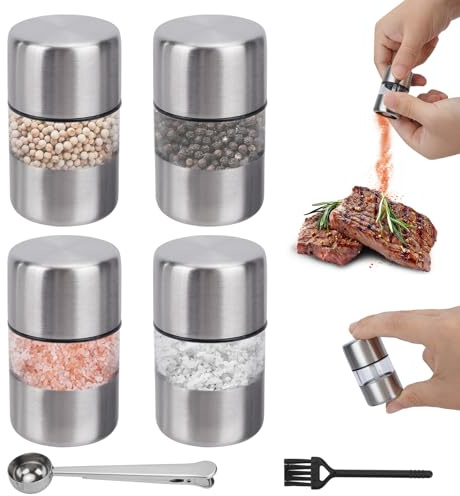 WRENYZK 4pcs Stainless Steel Mini Salt and Pepper Grinder Set Refillable | Portable Travel Salt and Pepper Sets with Scoop of Bag Clip and Cleaning Brush, Spice Mill Grinder for Home Kitchen BBQ