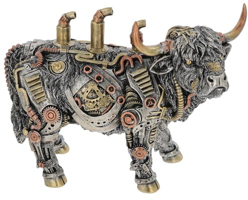 Shudehill Giftware Steampunk Highland Cow Garden Ornament, Mechanical Industrial Style Decorative Statue, Metal and Resin Construction, Outdoor Home Decor