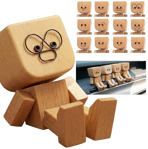 Rovian Shaking Feet Wooden Doll, Shaking Wooden Man with Spring Legs, Car Dashboard Decorations Includes 12 Expressions, Cute Bobble Leg Guy, Handmade Figure Sways for Auto, Desk