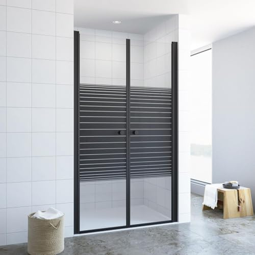 AQUALAVOS Pendeltür Dusche 80x197 cm | Duschabtrennung in Nische schwarz matt | Querstreifen-Dekor, 6mm ESG Glas, NANO | Barrierefreie Montage | Für kleine Badezimmer | DIN EN 14428