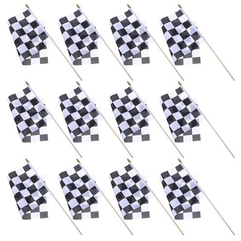 NUOBESTY Set 16 Mini Bandiere da Corsa a Scacchi Bianco e Nero 14x21 Cm Bastoni in Legno 30 Cm, Bandiere Decorative Portatili per Feste a Tema Corse e Eventi Automobilistici Outdoor
