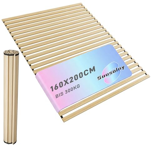 Suusolny Sommier à lattes enroulable 160 x 200 cm, avec 23 lattes en bois stables et bande élastique noire, charge maximale de 300 kg, taille L