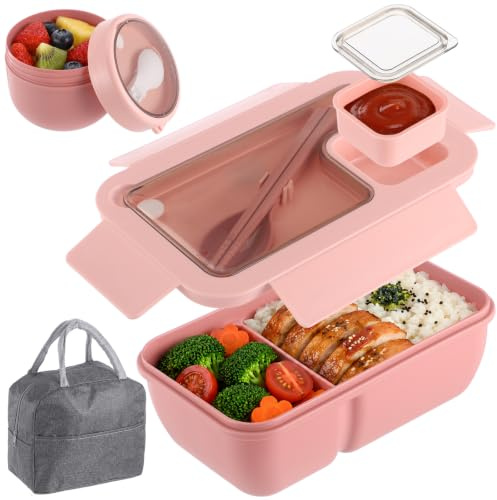 Skdqiee Bento Box Set with Lunch Bag for Adults, 28.7 oz Microwave Safe Leakproof Bento Box with Cutlery, 20.3 oz Oats Cup and Sauce Jar for Office Picnic, Meal Prep Container