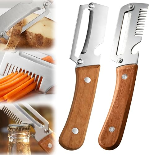 Lot de 2 éplucheurs Multifonctionnels, éplucheur Avec Manche en Bois, Acier Inoxydable Résistant, Éplucheur Multifonction 3 en 1 Légumes et Fruits, Ouvre-Bouteilles et Coupe Ciboulette