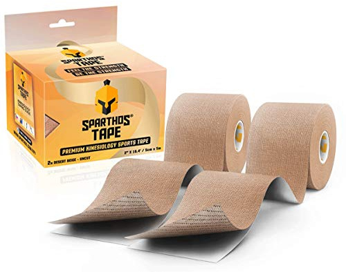 Sparthos Tape Kinesiology Tape (Pack of 2) - Incredible Support for Pro Athletic Sports and Recovery - Free Kinesio Taping Guide! - Waterproof Tex Rock Gold Lift Tapes - Uncut (2X Beige)