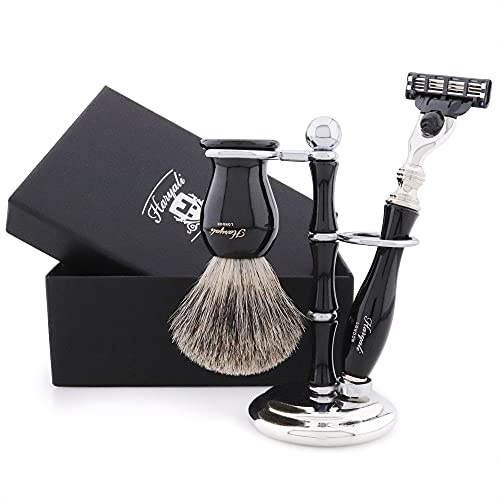 JAG SHAVING GERMANY Das Luxus-Kit-Set für Männer mit Nassrasur enthält Rasiermesser, schwarze Dachshaarbürste und eine komplette Abonnementbox für den Stand