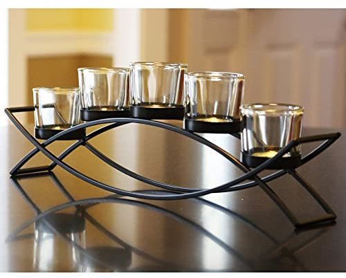 Seraphic Iron Arch Table Centerpiece Decorations Tealight Votive Candle Holder for Weddings, Patio, Kitchen, Dining Room, and Coffee Tables, Black, Clear Chunky 5 Cups