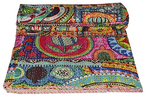 Sophia-Art California King/King/Twin Size Bohemian Hand Block Ajrak - Colcha con estampado vintage Kantha, funda de cama, funda de sofá, colcha de punto a mano (estampado múltiple, King 90108 pulgadas