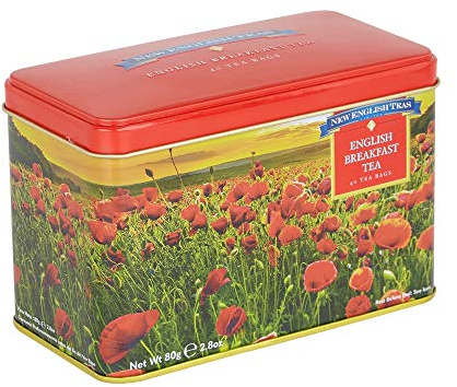 New English Teas Poppy Fields Tea Tin for Remembrance Day with 40 English Breakfast Teabags