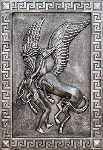 Antikes Wohndesign Pegasos Pferd mit Flügel Griechisches Wandbild Wandrelief Mäandermuster Siber