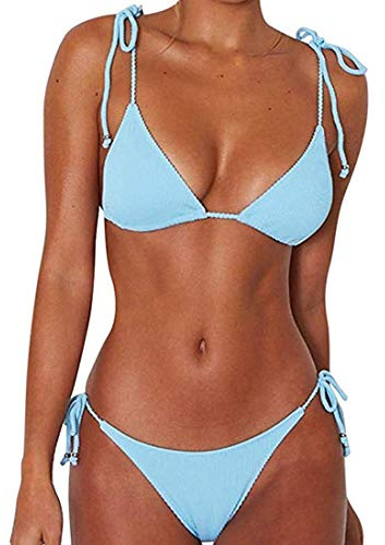 CheChury Costume da Bagno Bikini Set Retro Tinta Unita Push-up Imbottito Costumi da Bagno Due Pezzi Brasiliana Bikini Set,Blu,M