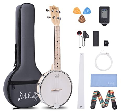 Mulucky Banjolele MBU-807,Juego de 4 cuerdas para ukelele, tamaño de concierto de 23 pulgadas, parte trasera cerrada de madera maciza, bolsa de concierto, afinador y púas de correa