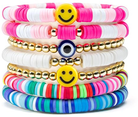 Y1tvei 7 st Heishi-surfararmband set färgglada preppy leende onda ögat pärlor stretcharmband lera stapelbar boho-skiva Y2K estetisk sommar strandarmband