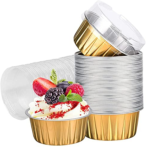 Backförmchen aus Aluminiumfolie mit Deckel, 50 Stück, goldfarben, Dessert-Backförmchen, Cupcake-Auflaufförmchen, transparent, Puddingförmchen für Hochzeit, Weihnachten, Küche, Geburtstagsparty