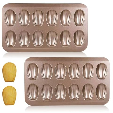 2 Pack Madeleine Pans for Baking, 12 Cavity Heavy Duty Shell Shape Baking Mold Nonstick Cookie Cake Pan for Oven（Gold）