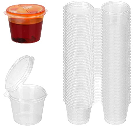 Coolon 1oz 50 Pieces Small Plastic Containers with Lids, 25ml Small Sauce Pots Plastic Pots Reusable Jelly Pots for Sauce Dips Salads